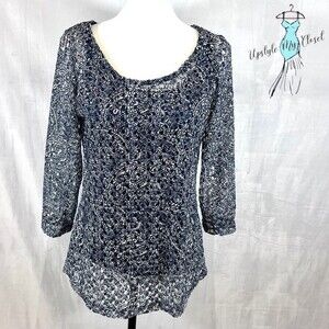 JM Collection long sleeve embroidered lace blue paisley print top size small
